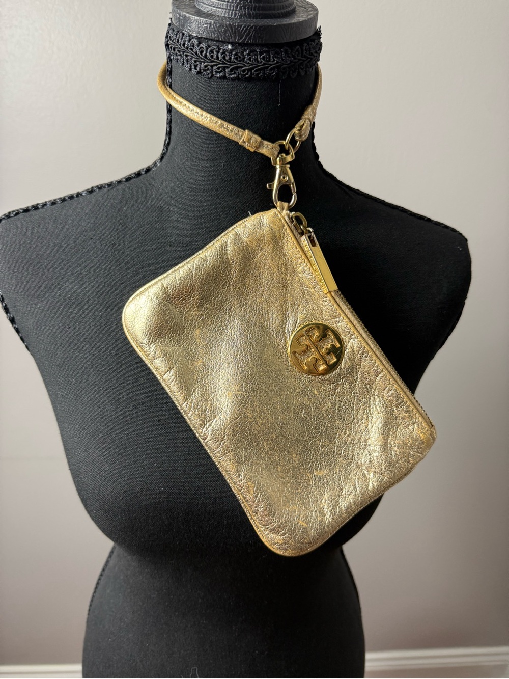 Tory Burch Metallic Gold Leather Wristlet Clutch with Logo